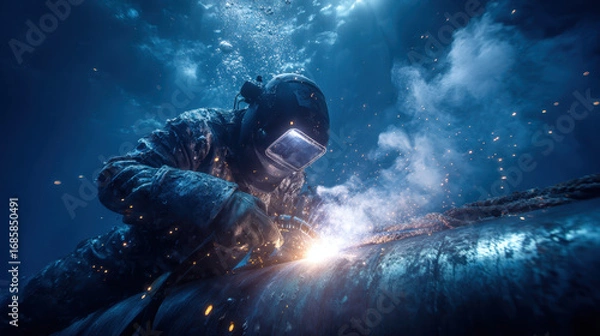Fototapeta Underwater welding action ocean depths industrial process submarine environment close-up view innovative techniques