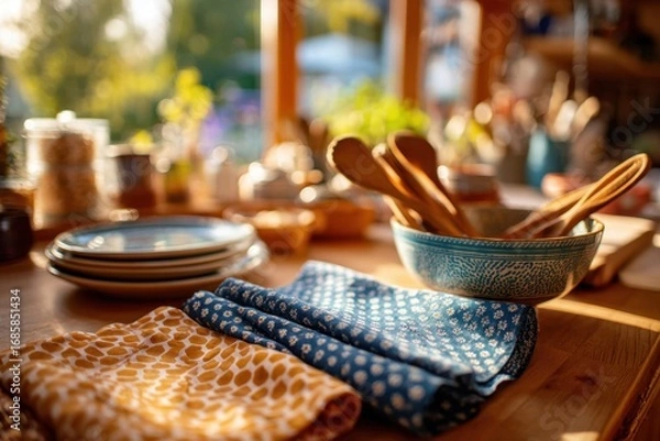 Fototapeta Cozy kitchen scene with colorful utensils and textiles