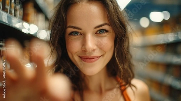 Fototapeta A young woman is shopping at a supermarket, reaching out to the camera with a smile. This image represents the concepts of daily life, consumerism, and shopping.