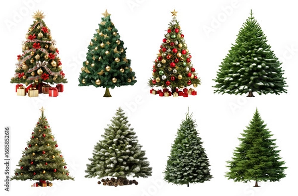 Fototapeta PNG Festive decorated Christmas trees variety, element set on transparent background