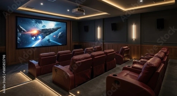 Obraz Luxurious Home Cinema with Tiered Red Leather Seating, Large Projector Screen, and Ambient Lighting for an Immersive Entertainment Experience