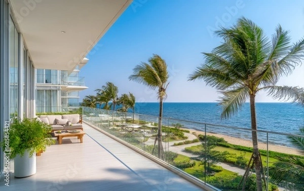Fototapeta Expansive beachfront balcony overlooking a tranquil ocean vista, with lush landscaping and modern architecture.