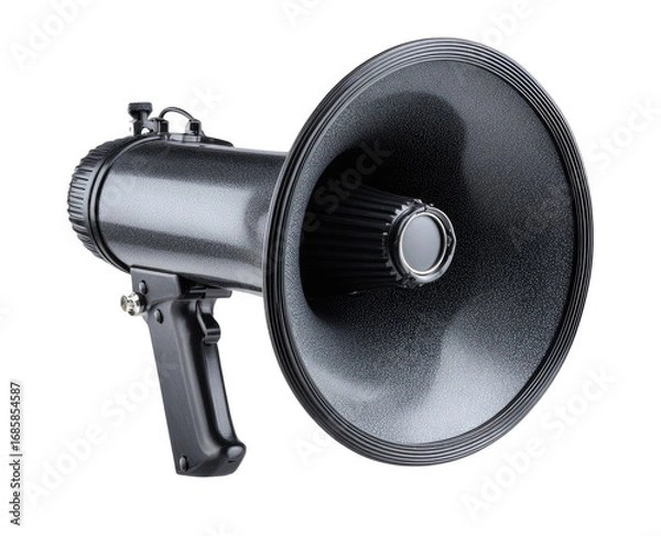 Obraz Close-up of a black megaphone.  A large, dark gray megaphone,  with a wide, flared sound horn and a handle.  Dark, textured surface