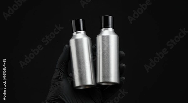 Fototapeta Hand holding two silver spray bottles