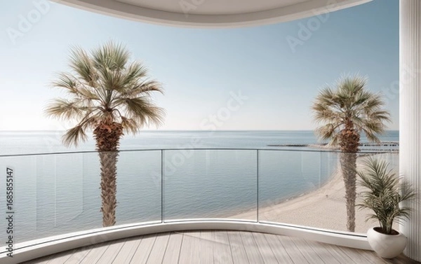 Fototapeta Coastal balcony overlooking a tranquil beach scene with palm trees and a serene ambiance.