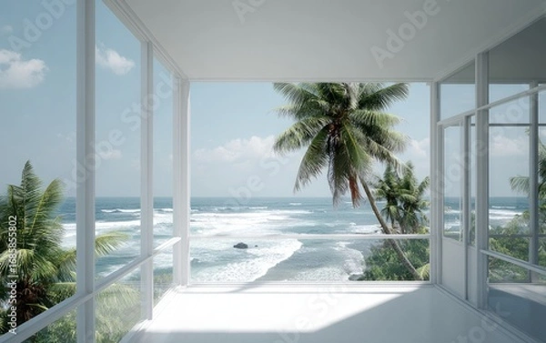 Fototapeta Pristine white interior space, showcasing panoramic ocean view with swaying palm trees.  Tranquil and modern, the large windows offer an expansive coastal vista.