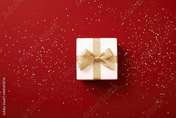 Fototapeta A white gift box with a golden ribbon bow sits atop a deep crimson surface scattered with glittering specks.
