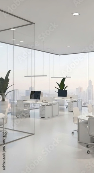 Obraz Modern Open-Plan Office Interior with City Skyline View, Glass Partitions, White Desks, Ergonomic Chairs, and Contemporary Lighting