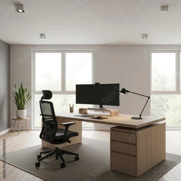 Obraz Modern Home Office with Ergonomic Black Chair, Wooden Desk, Large Monitor, and Natural Light from software in a Minimalist Workspace
