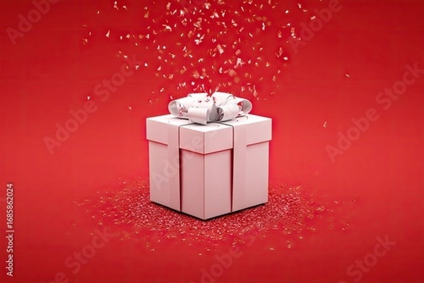 Fototapeta A white gift box sits on a red background, with festive confetti flying around it, creating a cheerful and celebratory mood.