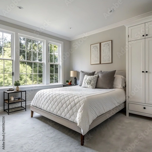 Fototapeta Bright and airy bedroom with large windows overlooking lush green trees and a comfortable bed