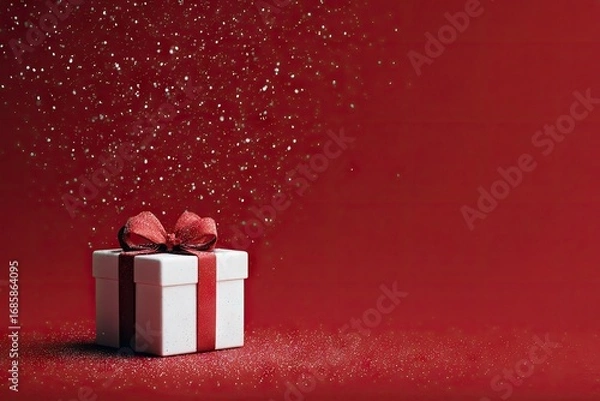 Fototapeta A white gift box with a red ribbon sits on a red background, accented by sparkling, falling snow-like particles, creating a festive and joyful holiday scene.