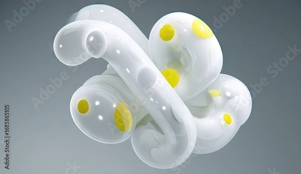 Fototapeta Abstract, swirling forms of white, glossy shapes with scattered yellow dots create a dynamic, three-dimensional composition against a muted gray backdrop.