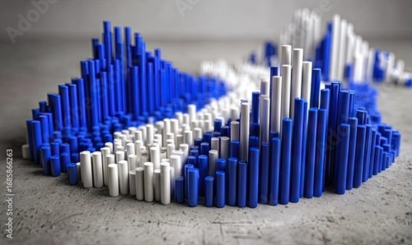 Fototapeta A striking abstract design showcases a complex arrangement of cylindrical shapes, blue and white, that create a three-dimensional graphical representation.