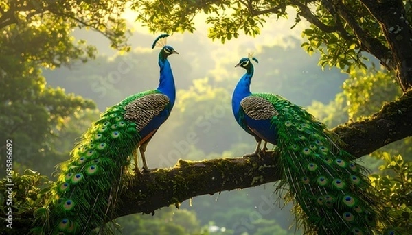 Fototapeta Two peacocks on a branch in a lush forest