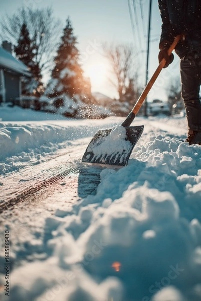 Fototapeta A person is clearing snow from a driveway in a quiet suburb. The sun is setting, casting a warm glow over the snow-covered landscape, creating a serene winter atmosphere