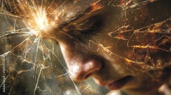 Fototapeta Shattered reflection of person's face with bright light at forehead area