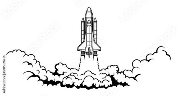 Fototapeta Black and white linear style space shuttle launch with billowing smoke