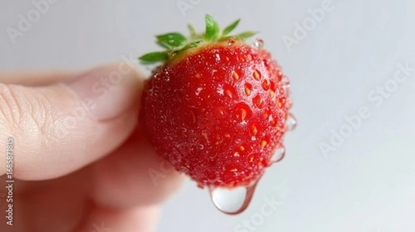 Fototapeta Holding a vibrant red strawberry with water droplets against a soft white background