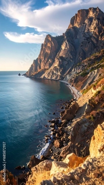 Fototapeta Coastal mountain range view at sunset