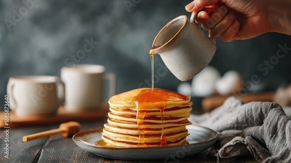 Fototapeta Syrup pours on pancake stack, mugs & eggs blurred behind, wood table