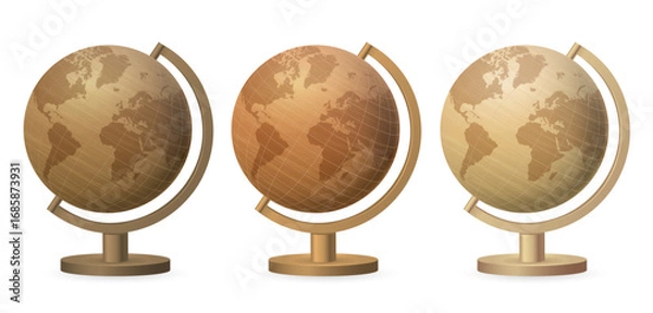 Fototapeta Wooden world globe on stand. Map of continents and oceans. Realistic globus from wood material. Vector illustration