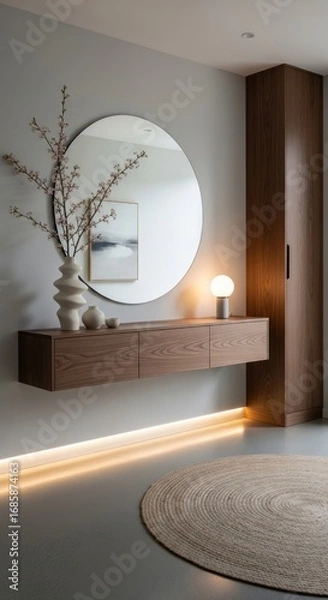Obraz Modern Minimalist Entryway with Floating Wood Console, Round Mirror, Cherry Blossoms, and Warm Ambient Lighting