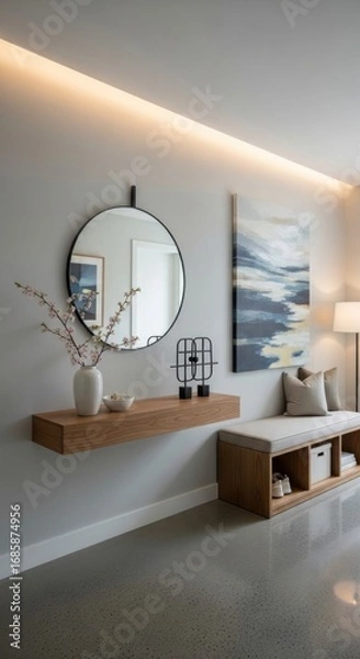 Obraz Modern Entryway Interior Design with Floating Wooden Console Shelf, Round Mirror, Abstract Art, and Built-in Bench Storage with Cushions, featuring cherry blossoms and subtle lighting.