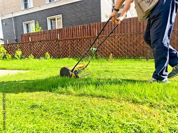 Fototapeta Lawn mowing in a residential yard during a sunny afternoon with well-manicured grass and neat surroundings