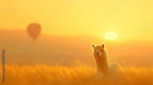 Obraz Llama and hot air balloon in golden sunrise mist