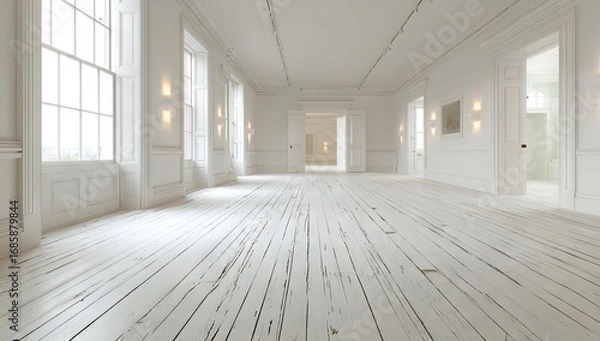Fototapeta A spacious, minimalist hall with pristine white walls and a striking, textured wooden floor showcases an airy and elegant aesthetic.