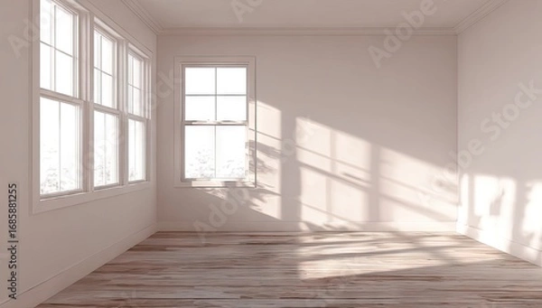 Fototapeta A sun-drenched interior room with large windows, showcasing warm, natural light and soft shadows on the pale walls and light-colored wooden floor.