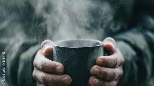 Fototapeta Steaming mug held warmly in weathered hands, blurred background