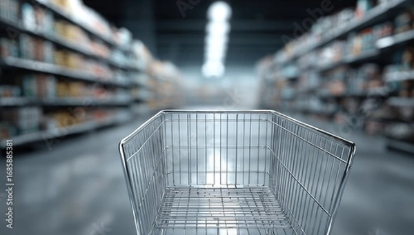 Fototapeta Empty shopping cart in a supermarket aisle with blurred background of shelves and products.