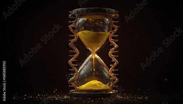 Fototapeta An intricately designed hourglass, adorned with a golden DNA-like spiral, sits against a dark backdrop, showcasing the passage of time and the concept of fleeting moments.
