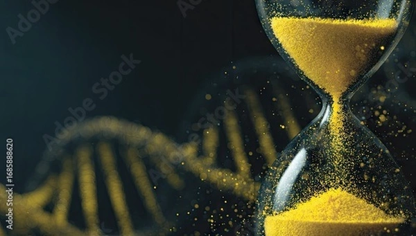 Fototapeta A detailed depiction of an hourglass with golden sand, flowing through, against a backdrop of abstract DNA strands.