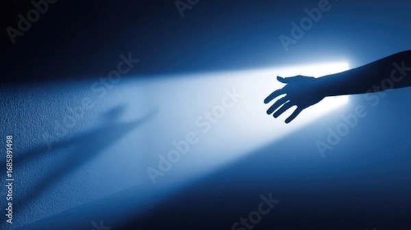 Fototapeta Hand reaches from dark wall into a bright, rectangular doorway of light