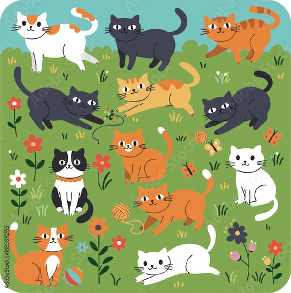 Obraz Cute cats playing in garden with flowers and yarn balls vector illustration of diverse kittens on green grass