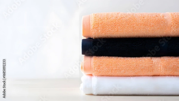 Fototapeta Stack of folded towels isolated on white background, including orange, black, and white colors