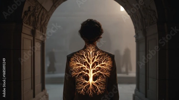 Fototapeta Woman's back with radiant tree-like pattern, arched entrance, blurry figures