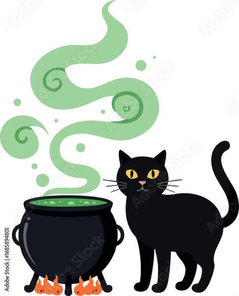 Fototapeta Black cat standing next to bubbling cauldron with green smoke swirling Halloween witchcraft theme vector illustration
