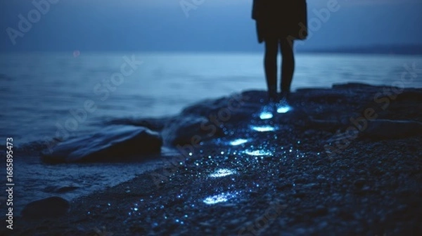 Fototapeta Glowing footsteps lead away from viewer by the dark shore at twilight