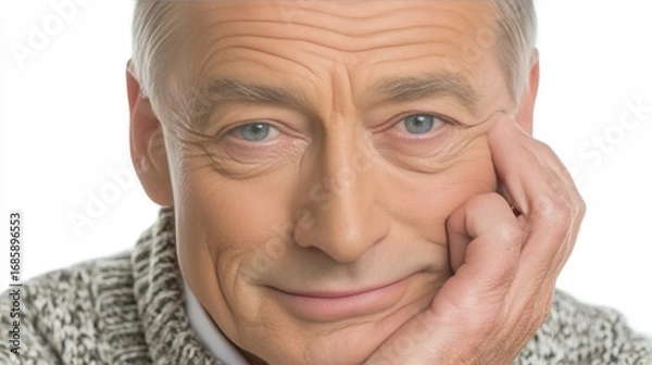 Obraz Elderly Man Resting His Face on His Hand With a Thoughtful Expression in a Bright Setting