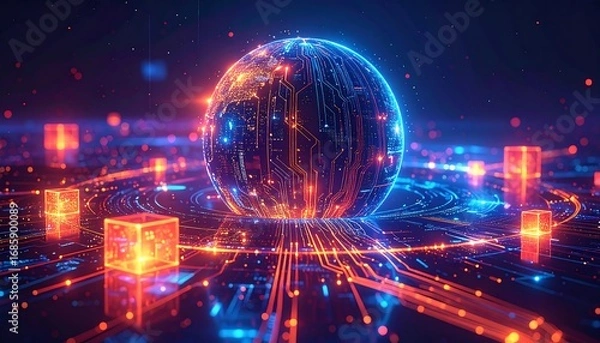Obraz A digital globe surrounded by glowing circuit board patterns