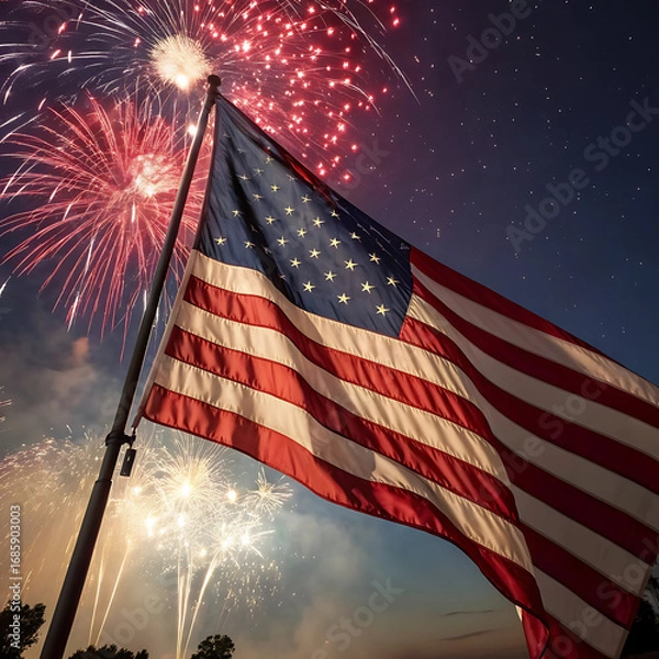 Fototapeta American flag waving proudly against a backdrop of colorful fireworks and a starry night sky