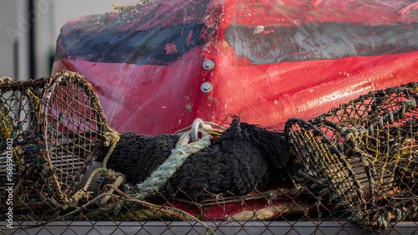 Fototapeta Crab pots on quayside with hull of small red boat in the background