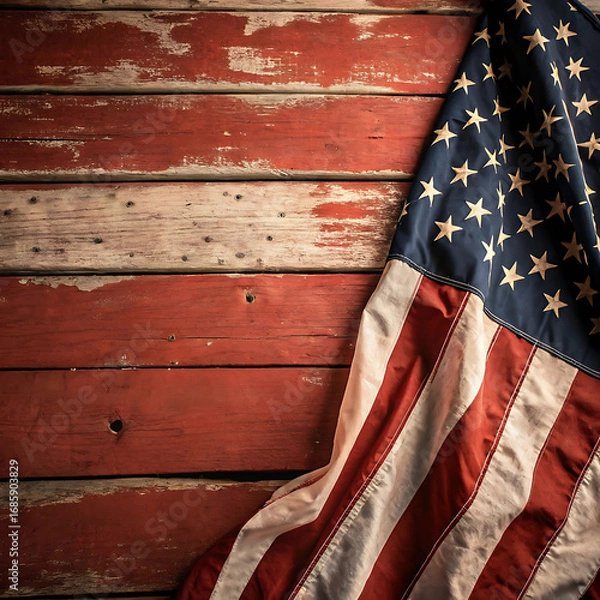 Fototapeta Rustic american flag draped over weathered red and white wooden planks background