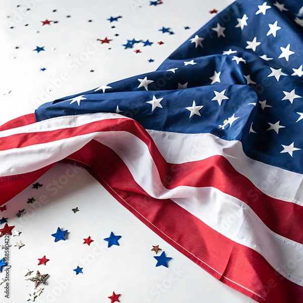 Fototapeta Close up of the american flag draped with scattered patriotic star confetti on a white background