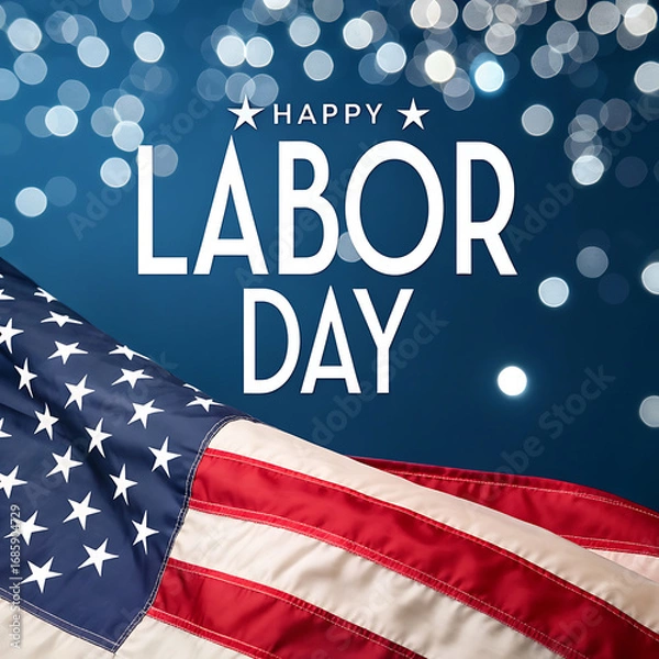 Fototapeta Happy labor day text with american flag and bokeh lights celebrating workers holiday