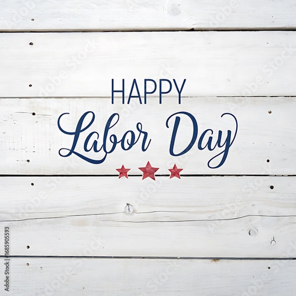 Fototapeta Happy labor day greeting with elegant script text and small red stars on a rustic white wood background